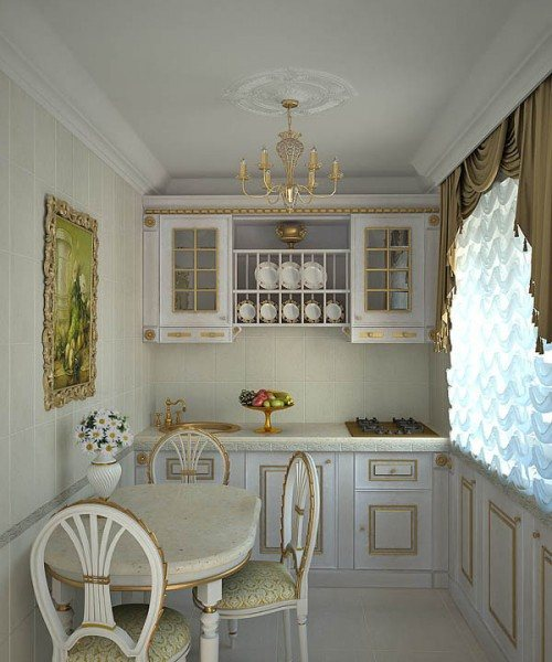 Декорированная, но светлая кухонная мебель визуально увеличивает пространство