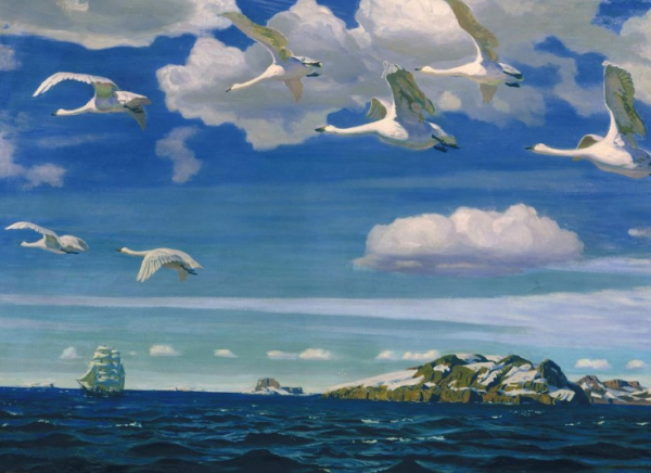 стая лебедей в голубом просторе над синим морем
