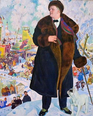 портрет Шаляпина на фоне заснеженного города на картине Кустодиева