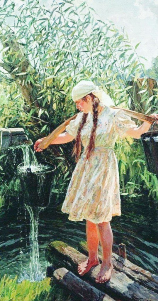 девушка в роднике набирает воду на картине Пластова